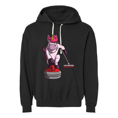Funny Unicorn Curling Design For Men Women Curling Player Garment-Dyed Fleece Hoodie