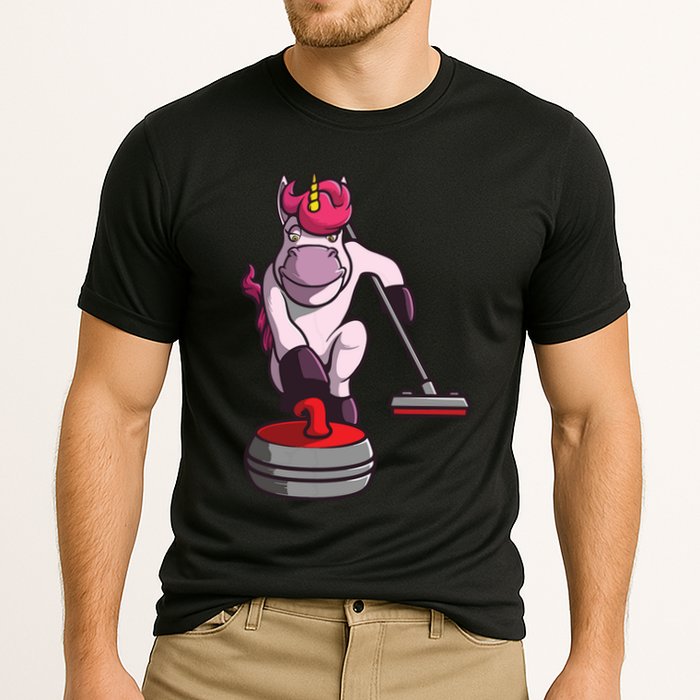 Funny Unicorn Curling Design For Men Women Curling Player Performance Shirt