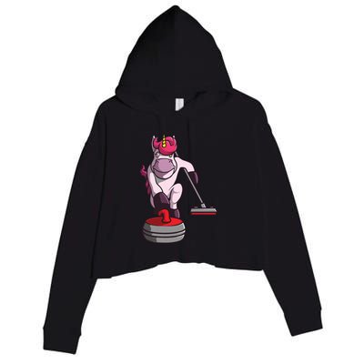Funny Unicorn Curling Design For Men Women Curling Player Crop Fleece Hoodie