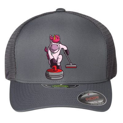 Funny Unicorn Curling Design For Men Women Curling Player Flexfit Unipanel Trucker Cap
