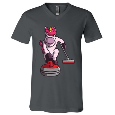 Funny Unicorn Curling Design For Men Women Curling Player V-Neck T-Shirt