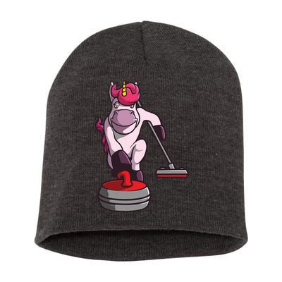 Funny Unicorn Curling Design For Men Women Curling Player Short Acrylic Beanie