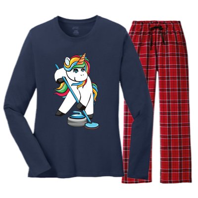 Funny Unicorn Curling Design For Men Women Curling Player Women's Long Sleeve Flannel Pajama Set 