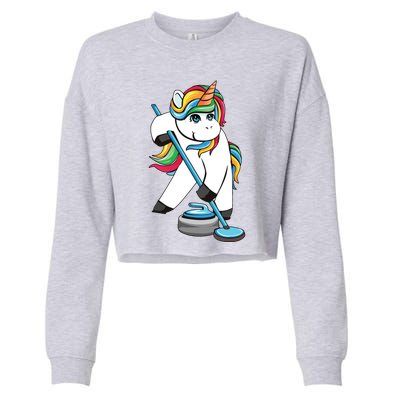 Funny Unicorn Curling Design For Men Women Curling Player Cropped Pullover Crew