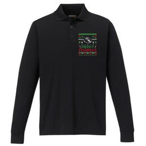 Fishing Ugly Christmas Bass Fish Merry Fishmas Gift Performance Long Sleeve Polo