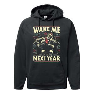 Funny Ugly Christmas Sweater Santa Wake Me Next Year Performance Fleece Hoodie