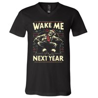 Funny Ugly Christmas Sweater Santa Wake Me Next Year V-Neck T-Shirt