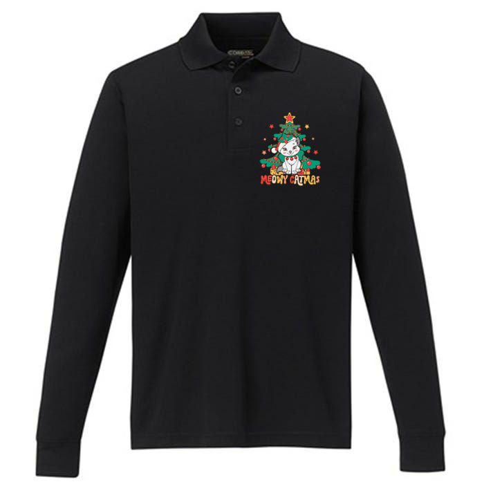 Funny Ugly Christmas Sweater Meowy Catmas Merry Catmas  Performance Long Sleeve Polo