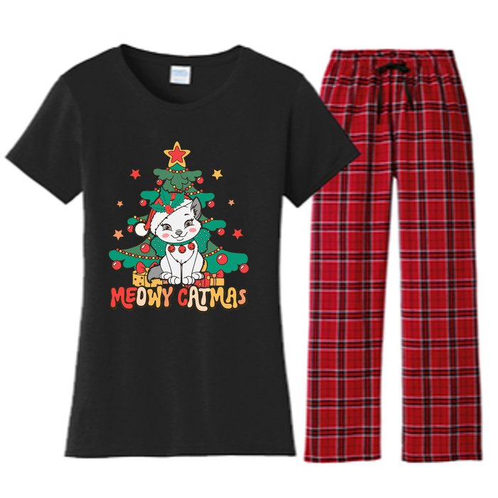 Funny Ugly Christmas Sweater Meowy Catmas Merry Catmas  Women's Flannel Pajama Set