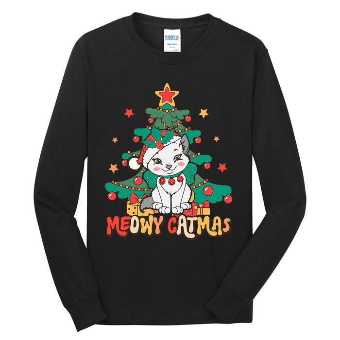 Funny Ugly Christmas Sweater Meowy Catmas Merry Catmas  Tall Long Sleeve T-Shirt