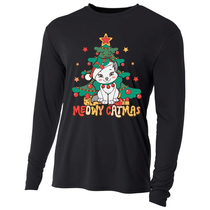 Funny Ugly Christmas Sweater Meowy Catmas Merry Catmas  Cooling Performance Long Sleeve Crew