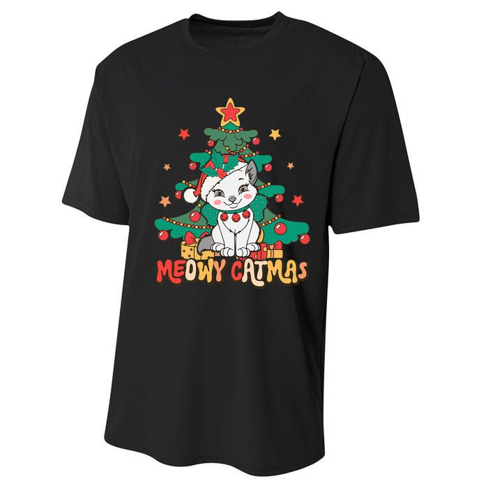 Funny Ugly Christmas Sweater Meowy Catmas Merry Catmas  Performance Sprint T-Shirt