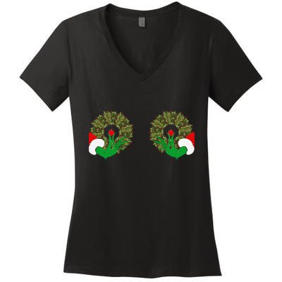 Funny Ugly Christmas Matching Couple Chest Design Women's V-Neck T-Shirt