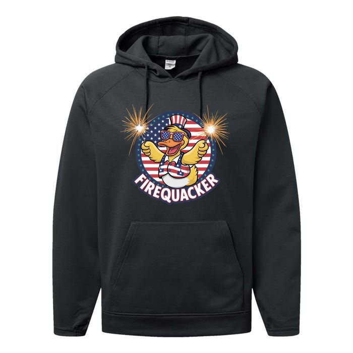 Firequacker Usa Duck Firework 4th Of July Performance Fleece Hoodie