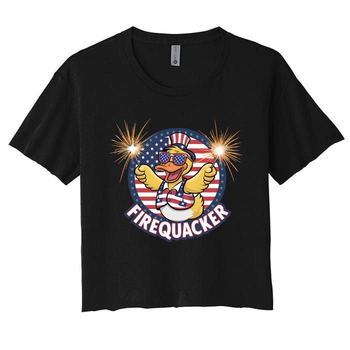 Firequacker Usa Duck Firework 4th Of July Women's Crop Top Tee