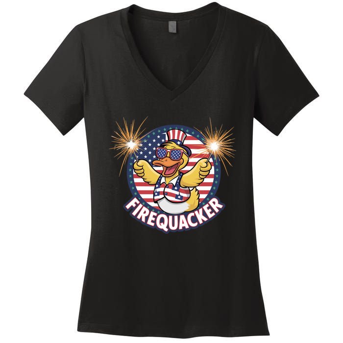 Firequacker Usa Duck Firework 4th Of July Women's V-Neck T-Shirt