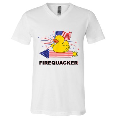 Firequacker Usa Duck Firework 4th Of July V-Neck T-Shirt
