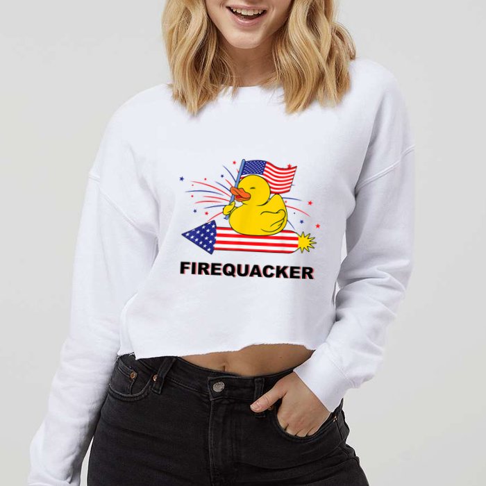 Firequacker Usa Duck Firework 4th Of July Cropped Pullover Crew