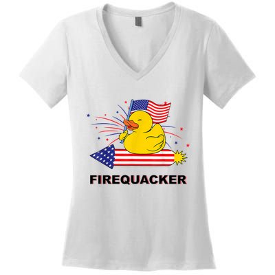Firequacker Usa Duck Firework 4th Of July Women's V-Neck T-Shirt