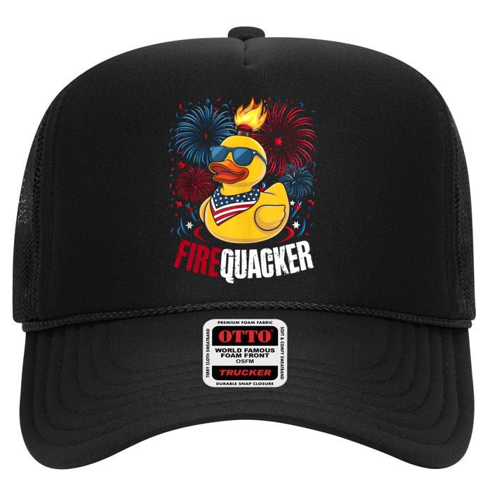 Firequacker Usa Duck Firework 4th Of July High Crown Mesh Back Trucker Hat