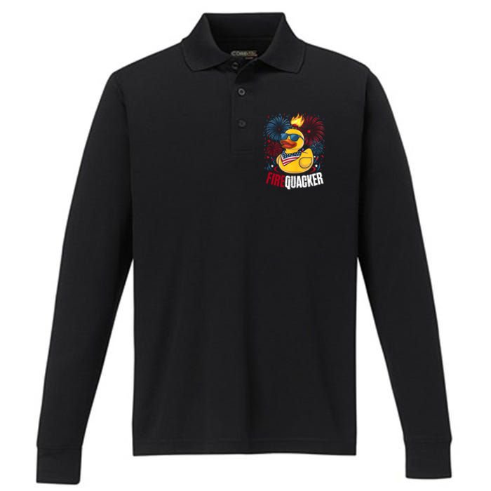 Firequacker Usa Duck Firework 4th Of July Performance Long Sleeve Polo