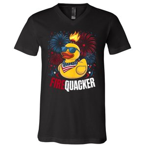 Firequacker Usa Duck Firework 4th Of July V-Neck T-Shirt