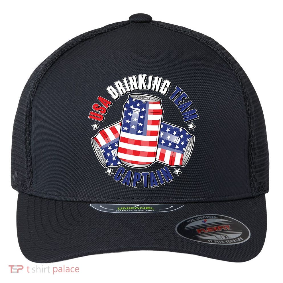 Funny USA Drinking Team Captain American Beer Cans Flexfit Unipanel Trucker Cap