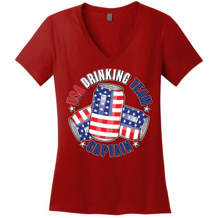 Funny USA Drinking Team Captain American Beer Cans Women's V-Neck T-Shirt