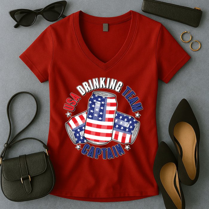 Funny USA Drinking Team Captain American Beer Cans Women's V-Neck T-Shirt