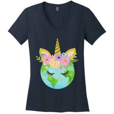 Floral Unicorn Earth Earth Day Women's V-Neck T-Shirt