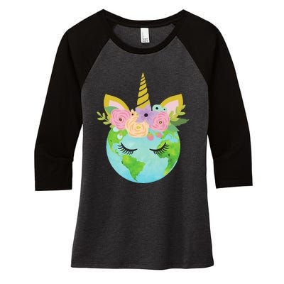 Floral Unicorn Earth Earth Day Women's Tri-Blend 3/4-Sleeve Raglan Shirt