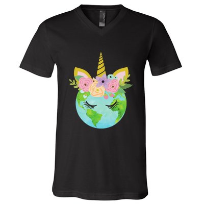 Floral Unicorn Earth Day V-Neck T-Shirt