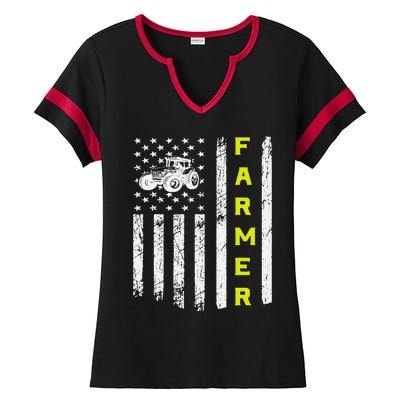 Farmer Usa Flag Patriotic Farm Tractors Farming Ladies Halftime Notch Neck Tee