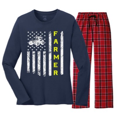 Farmer Usa Flag Patriotic Farm Tractors Farming Women's Long Sleeve Flannel Pajama Set 