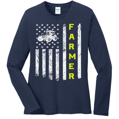 Farmer Usa Flag Patriotic Farm Tractors Farming Ladies Long Sleeve Shirt