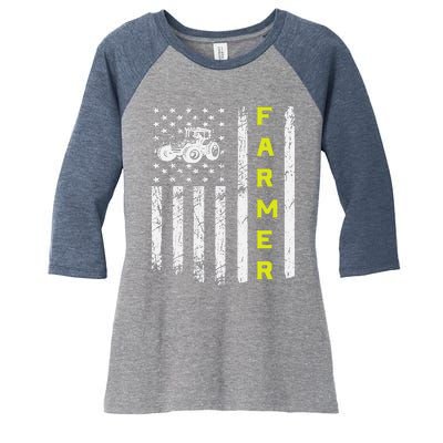 Farmer Usa Flag Patriotic Farm Tractors Farming Women's Tri-Blend 3/4-Sleeve Raglan Shirt