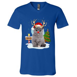 Funny Ugly Funny Cat Reindeer North Pole Christmas V-Neck T-Shirt