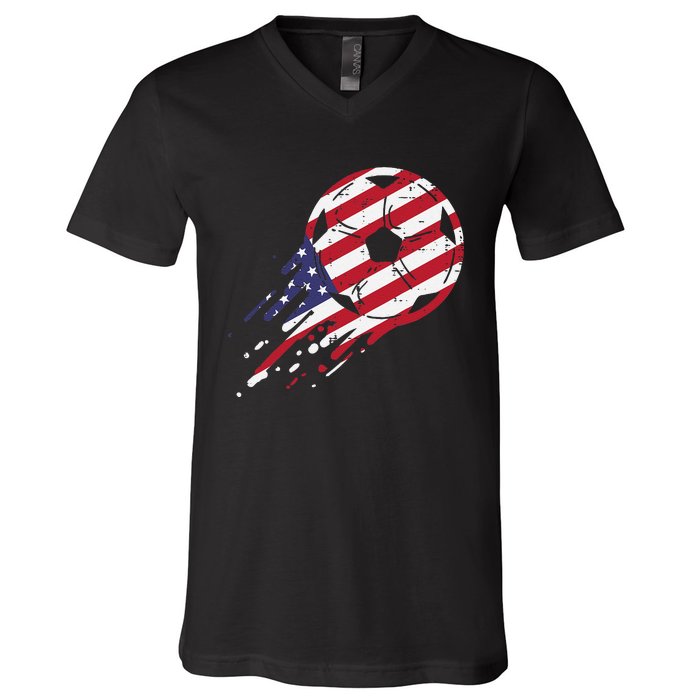 funny USA Flag Soccer American Ball Football Fan V-Neck T-Shirt