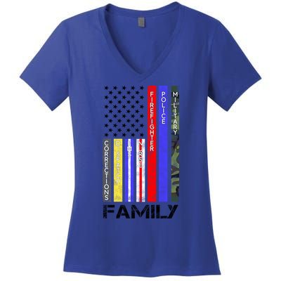 Family Usa Flag Thin Line Military Police Nurse Ems Dispatch Gift Women's V-Neck T-Shirt