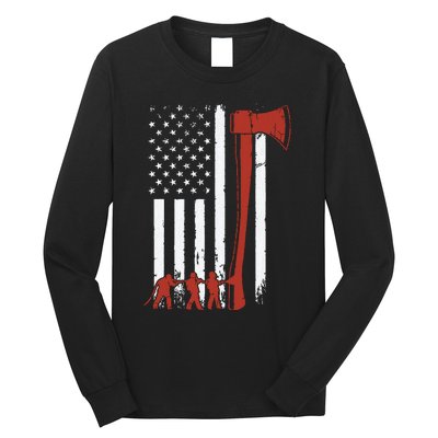 Firefighter USA Flag Funny Firemen Fire Truck Graphic Long Sleeve Shirt