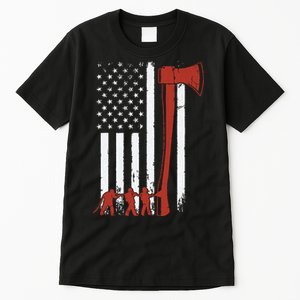 Firefighter USA Flag Funny Firemen Fire Truck Graphic Tall T-Shirt