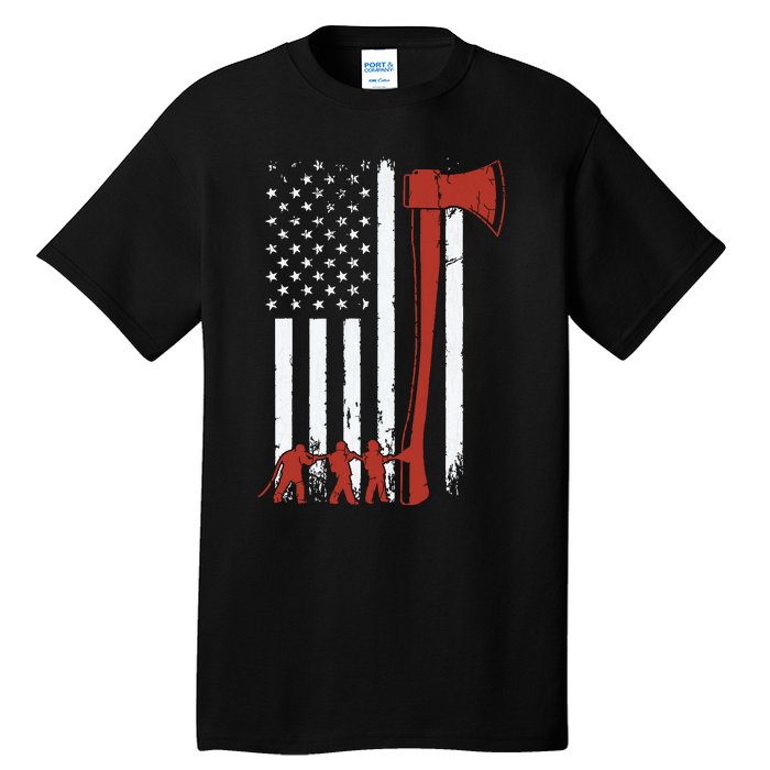 Firefighter USA Flag Funny Firemen Fire Truck Graphic Tall T-Shirt