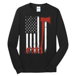 Firefighter USA Flag Funny Firemen Fire Truck Graphic Tall Long Sleeve T-Shirt