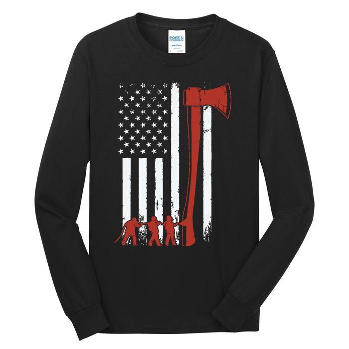 Firefighter USA Flag Funny Firemen Fire Truck Graphic Tall Long Sleeve T-Shirt