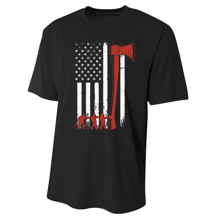 Firefighter USA Flag Funny Firemen Fire Truck Graphic Performance Sprint T-Shirt