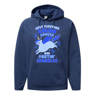 Funny Unicorn Fighting Colon Cancer And Farting Sparkles Performance Fleece Hoodie