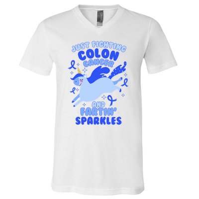 Funny Unicorn Fighting Colon Cancer And Farting Sparkles V-Neck T-Shirt