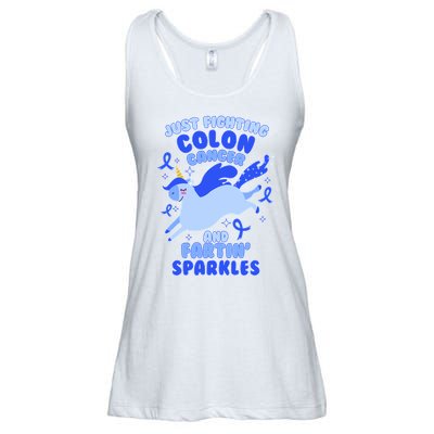 Funny Unicorn Fighting Colon Cancer And Farting Sparkles Ladies Essential Flowy Tank
