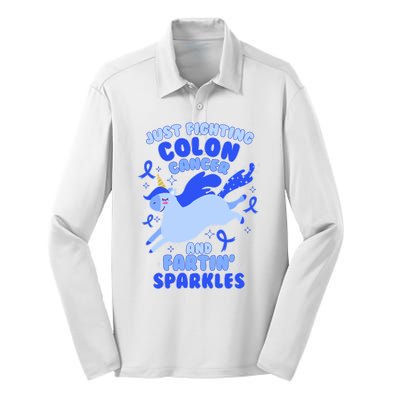 Funny Unicorn Fighting Colon Cancer And Farting Sparkles Silk Touch Performance Long Sleeve Polo