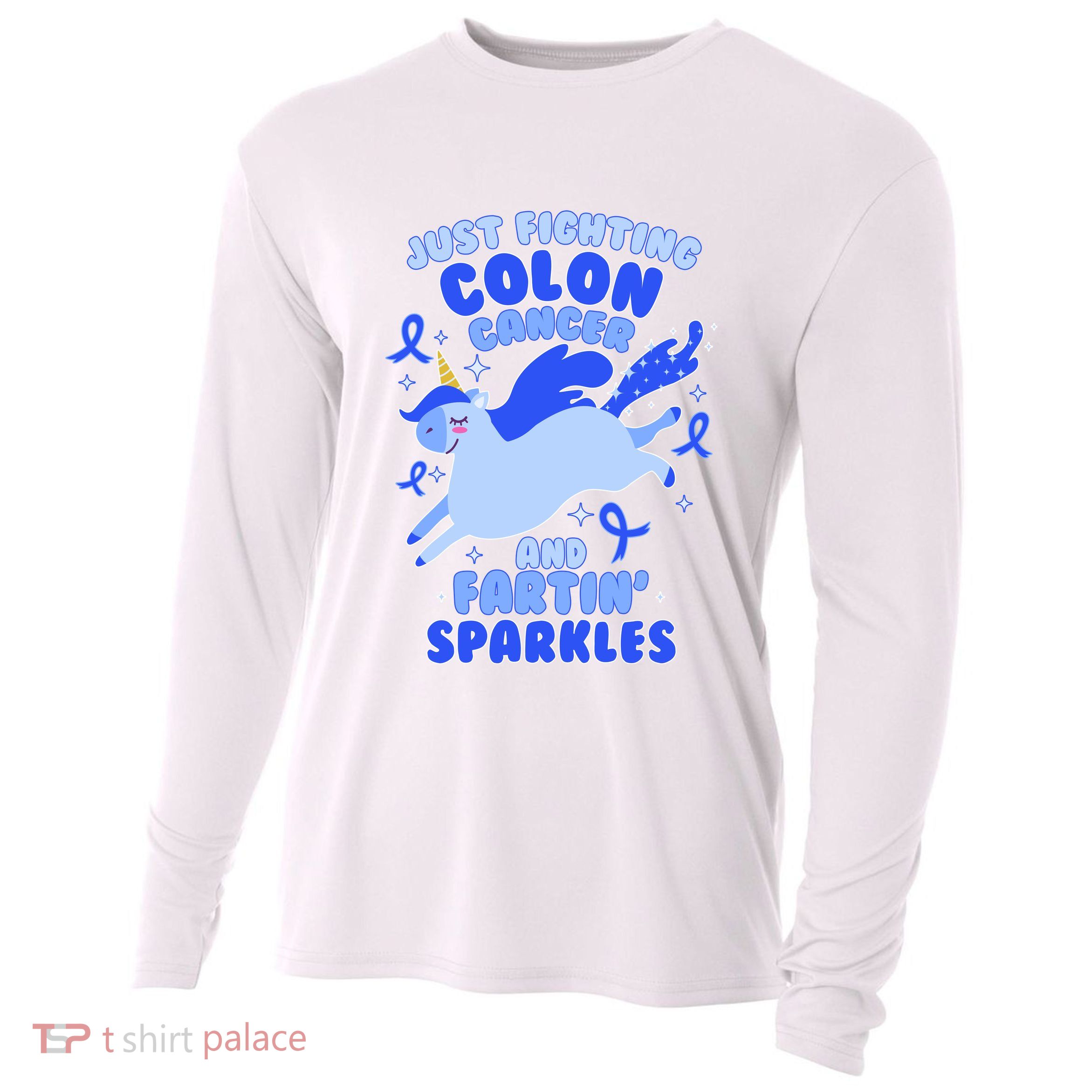 Funny Unicorn Fighting Colon Cancer And Farting Sparkles Cooling Performance Long Sleeve Crew